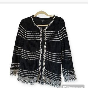 Ann Taylor Women's Medium‎ Black White Zip Lined Fringe Cardigan Jacket